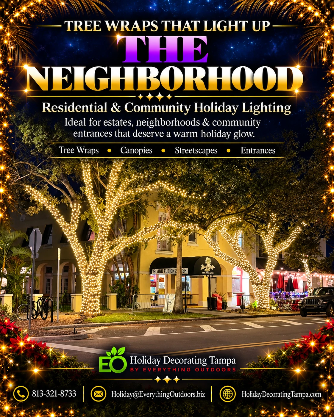 Tree wraps that light up the neighborhood: residential and community holiday lighting.