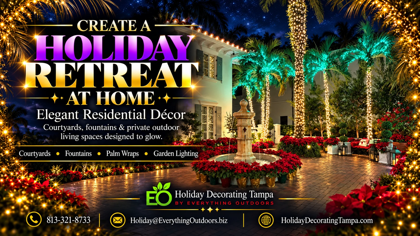 Create a holiday retreat at home: elegant residential décor for courtyards, fountains, palm wraps and garden lighting.