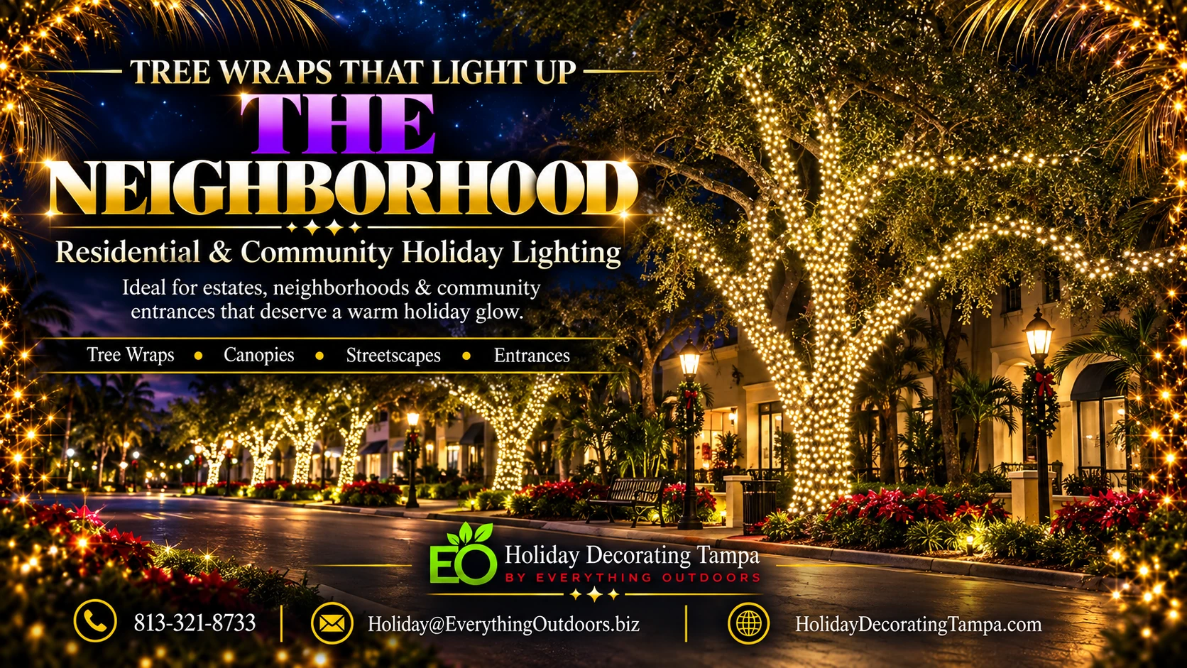 Tree wraps that light up the neighborhood: residential and community holiday lighting, canopies, streetscapes and entrances.