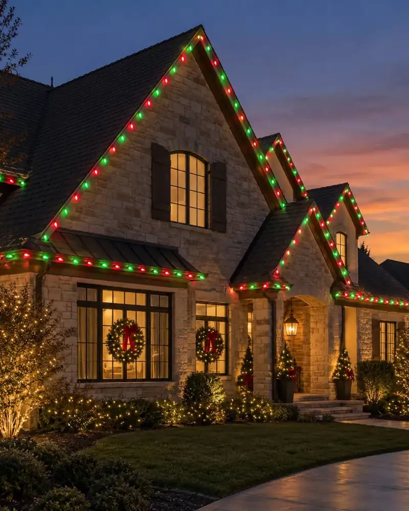 Custom C9 roofline Christmas lights on a Tampa Bay home by Holiday Decorating Tampa (10)