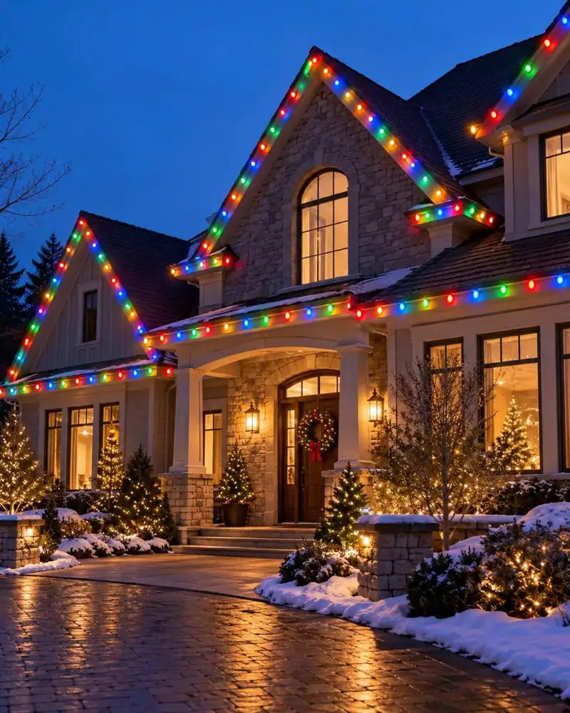 Custom C9 roofline Christmas lights on a Tampa Bay home by Holiday Decorating Tampa (2)