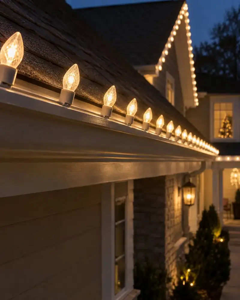 Custom C9 roofline Christmas lights on a Tampa Bay home by Holiday Decorating Tampa (6)