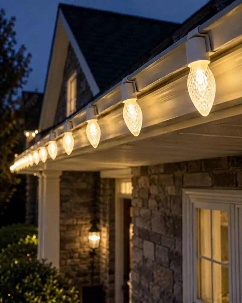 Custom C9 roofline Christmas lights on a Tampa Bay home by Holiday Decorating Tampa (8)