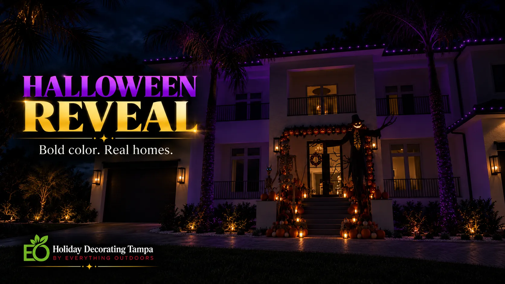 Halloween Reveal: purple roofline, wrapped palms, pumpkins and scarecrow entrance