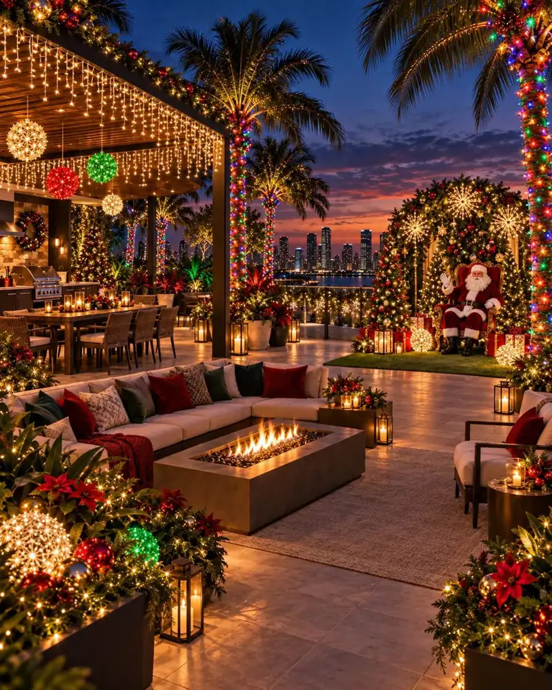 Holiday-decorated entrance and outdoor patio with lit potted trees, Holiday Decorating Tampa (1)