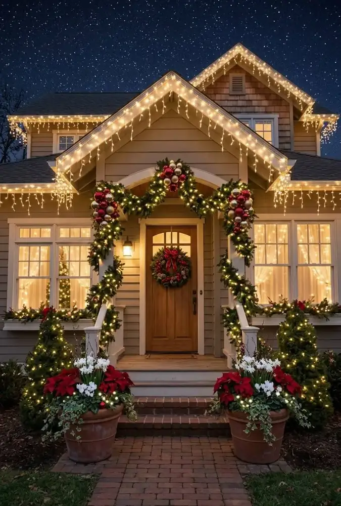 Holiday-decorated entrance and outdoor patio with lit potted trees, Holiday Decorating Tampa (3)