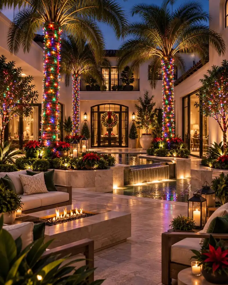 Holiday-decorated entrance and outdoor patio with lit potted trees, Holiday Decorating Tampa (4)