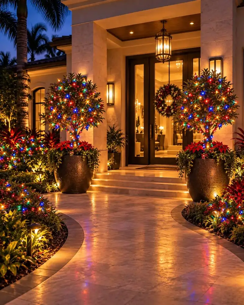 Holiday-decorated entrance and outdoor patio with lit potted trees, Holiday Decorating Tampa (2)