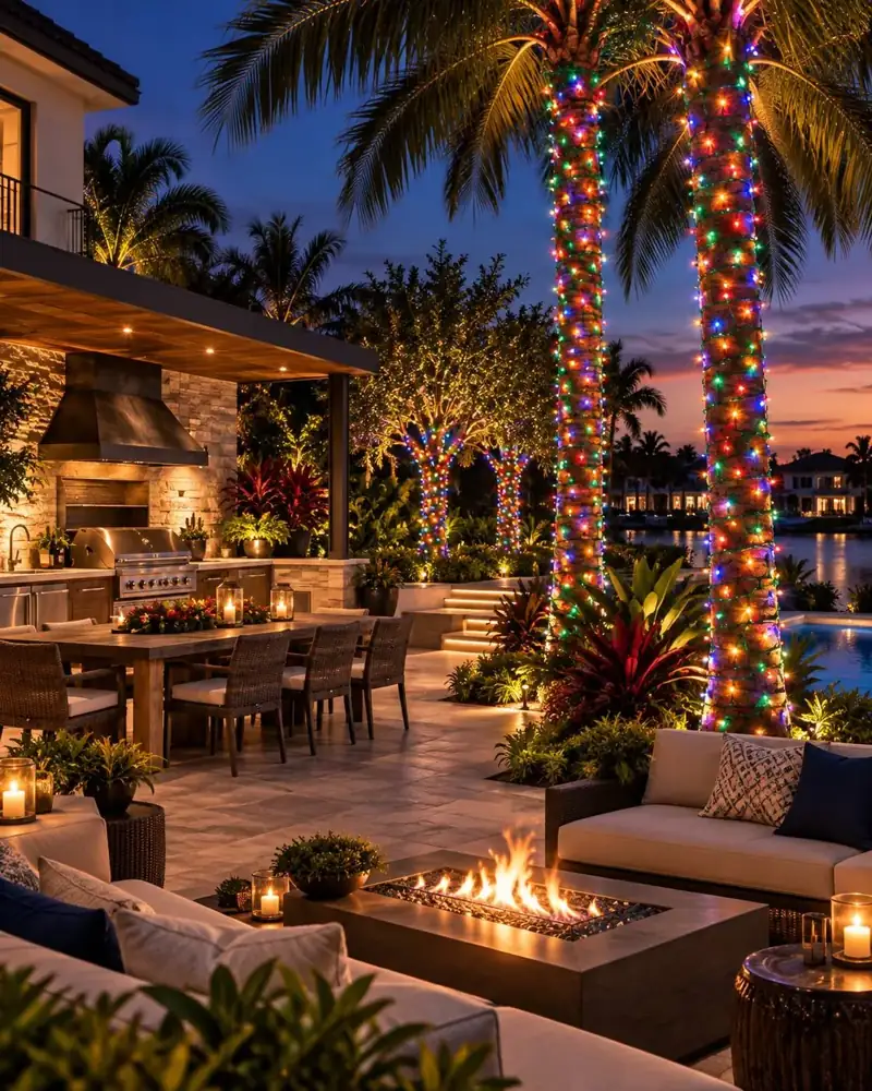 Holiday-decorated entrance and outdoor patio with lit potted trees, Holiday Decorating Tampa (5)