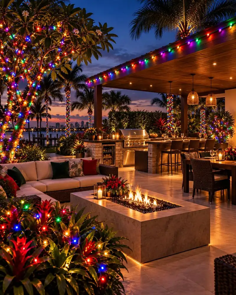 Holiday-decorated entrance and outdoor patio with lit potted trees, Holiday Decorating Tampa (7)