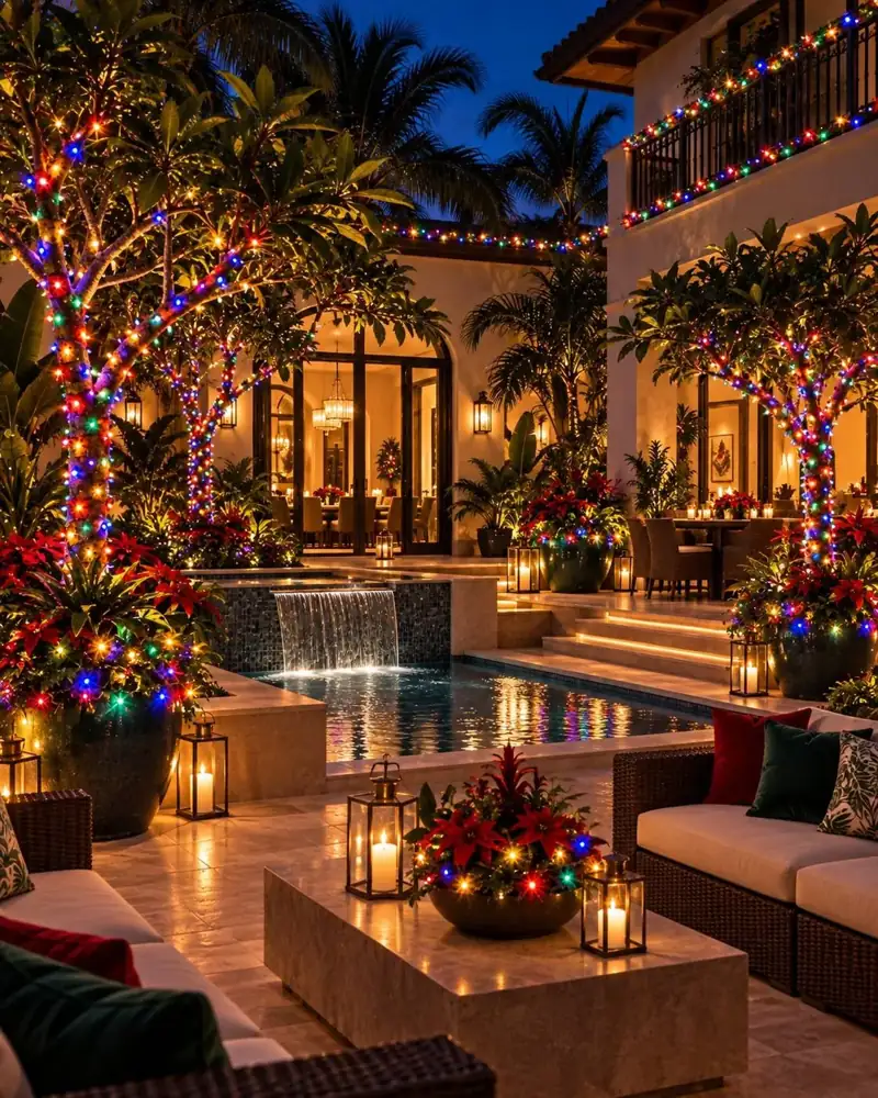 Holiday-decorated entrance and outdoor patio with lit potted trees, Holiday Decorating Tampa (6)
