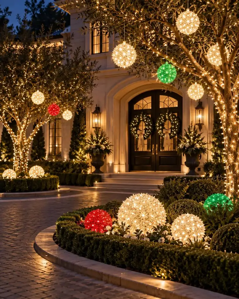 Illuminated foldable light spheres hanging in trees, holiday display by Holiday Decorating Tampa (2)