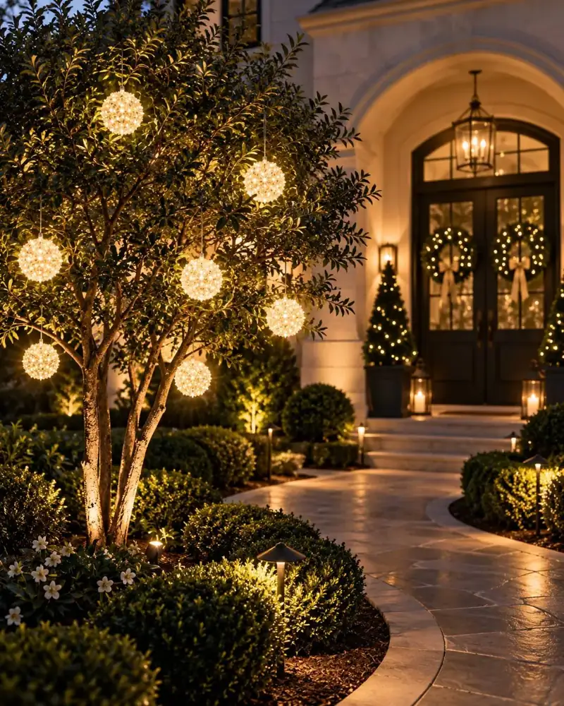 Illuminated foldable light spheres hanging in trees, holiday display by Holiday Decorating Tampa (9)