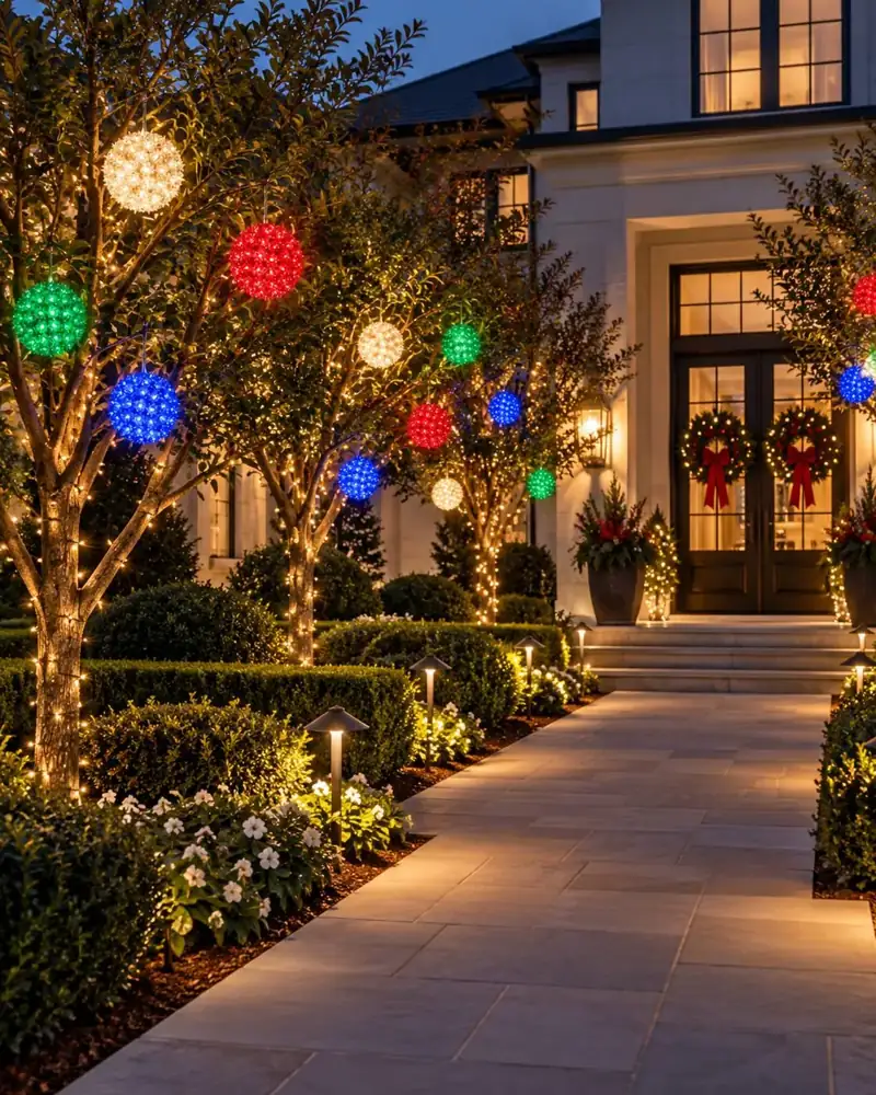 Illuminated foldable light spheres hanging in trees, holiday display by Holiday Decorating Tampa (6)