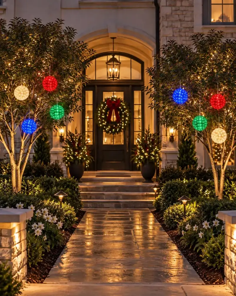 Illuminated foldable light spheres hanging in trees, holiday display by Holiday Decorating Tampa (8)