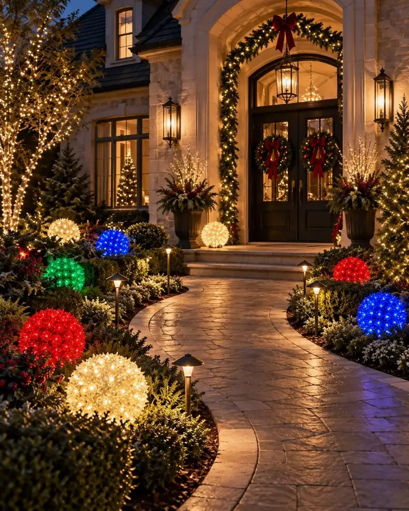 Illuminated foldable light spheres hanging in trees, holiday display by Holiday Decorating Tampa (4)