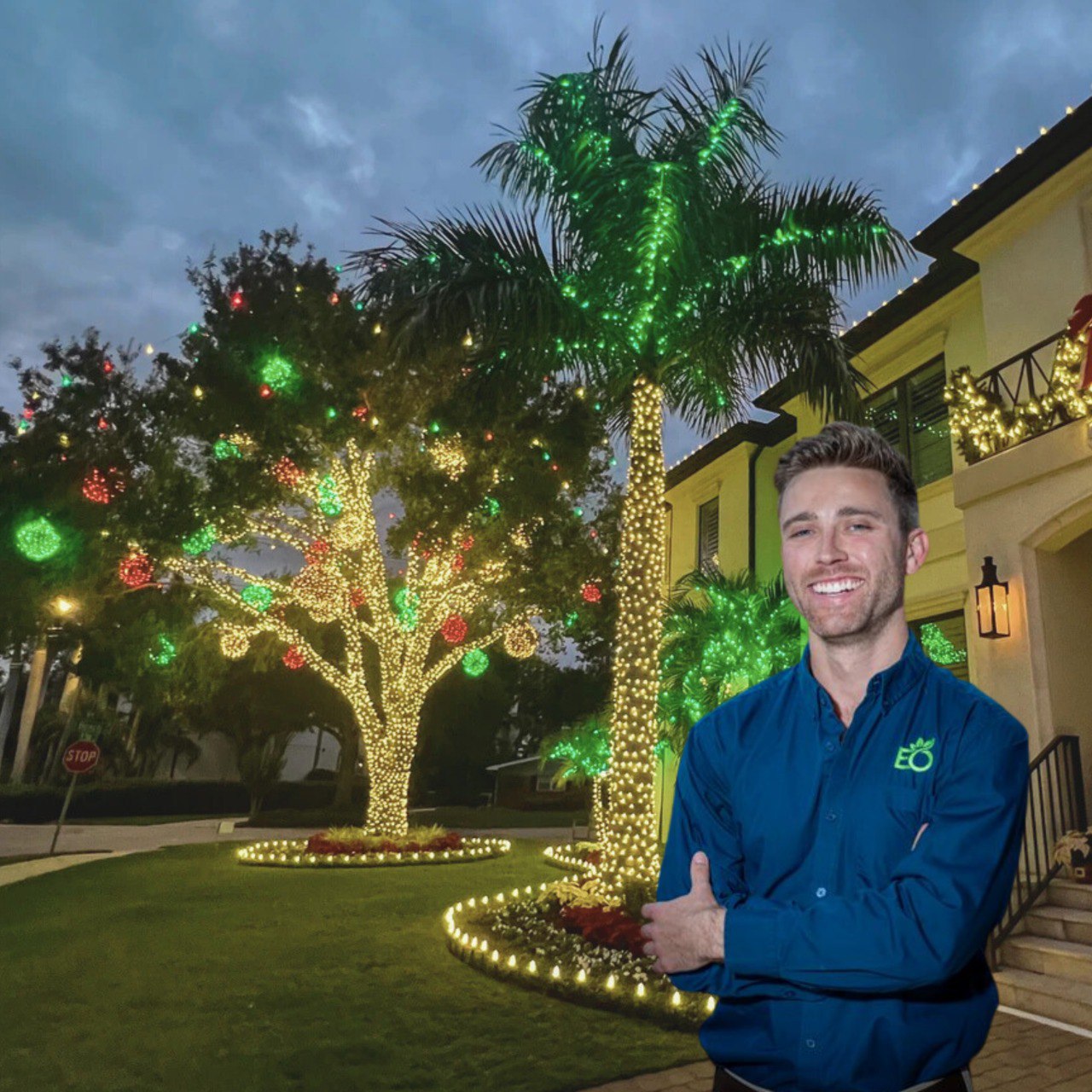 Jared Dorsey, founder of Holiday Decorating Tampa, in front of a Tampa home glowing with Christmas lights