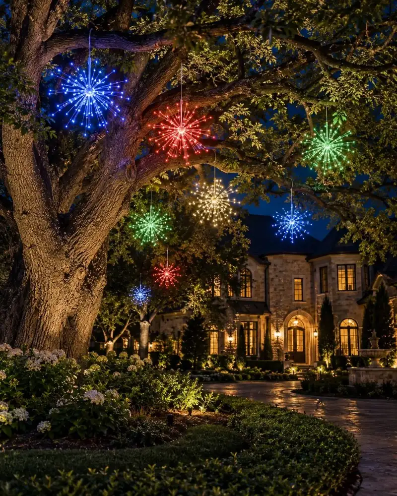 LED spritzer lights adding sparkle to landscaping and trees, Holiday Decorating Tampa (3)