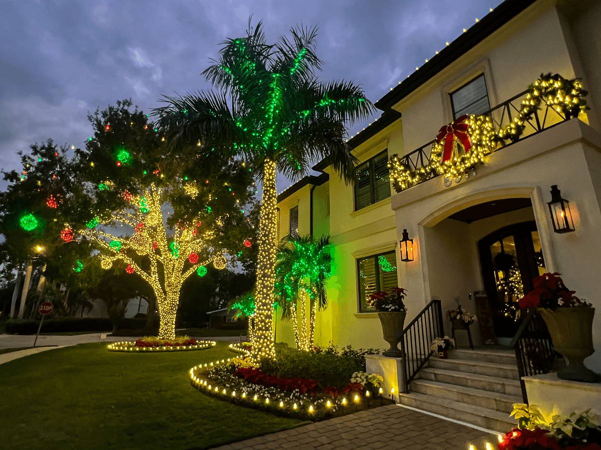 Residential Christmas lighting display on a Tampa Bay home